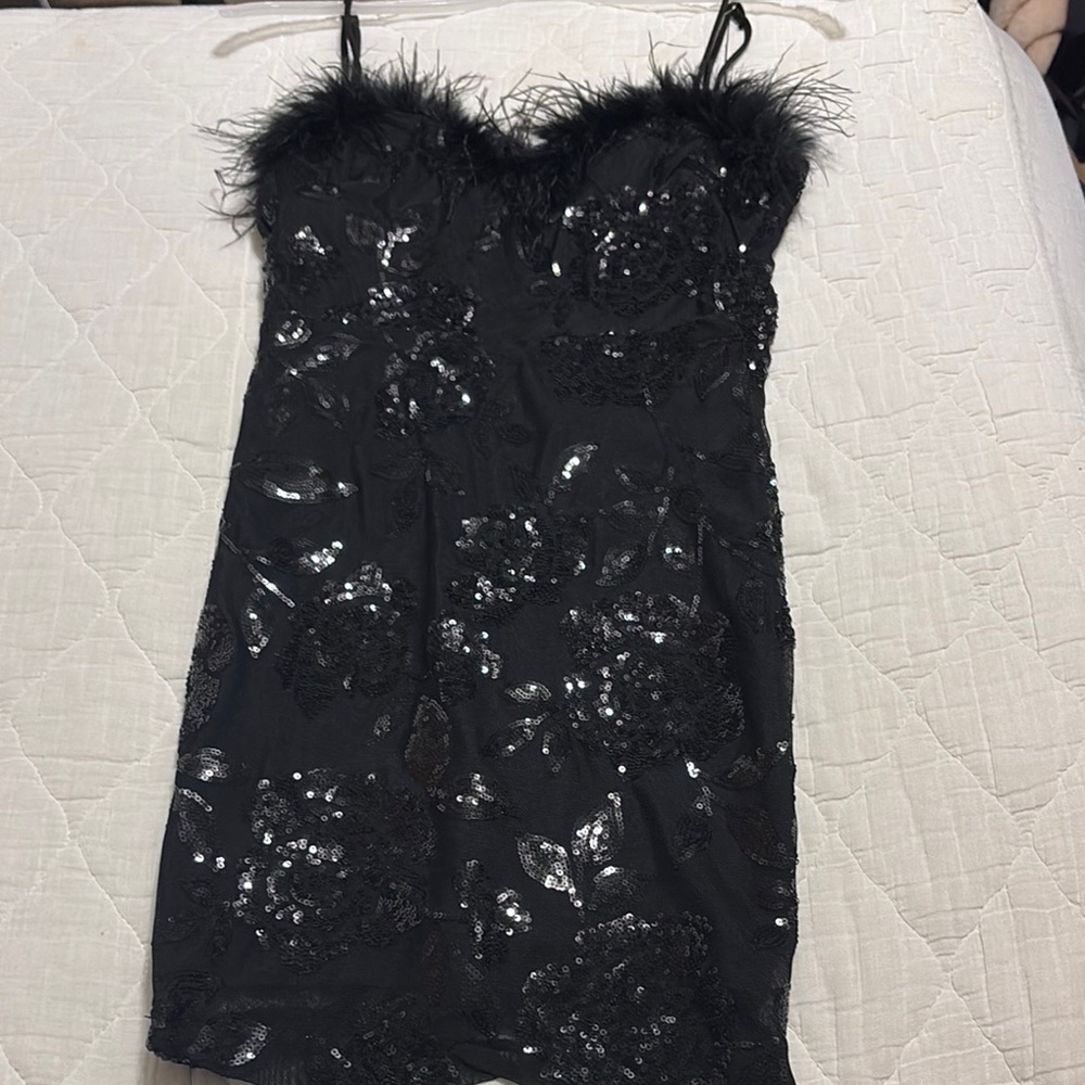 Black Sequin Feather Trim Dress